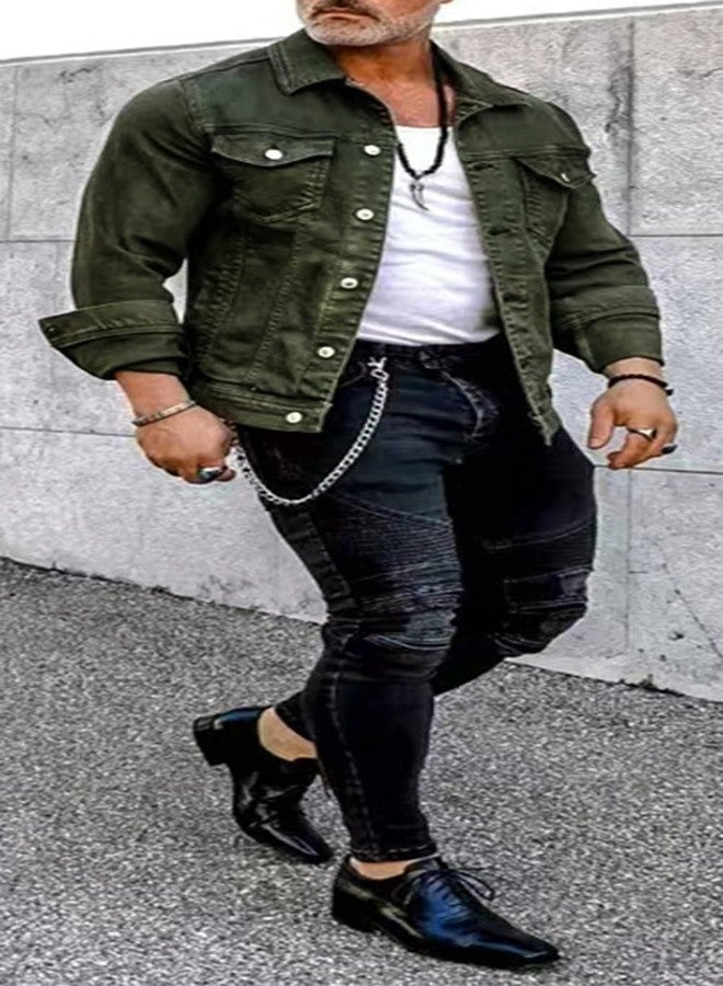 CHARTOU Men's Denim Jacket Casual Regular Fit Button Down Long Sleeve Jean Trucker Jacket (X-Large, Army Green) - Image 2